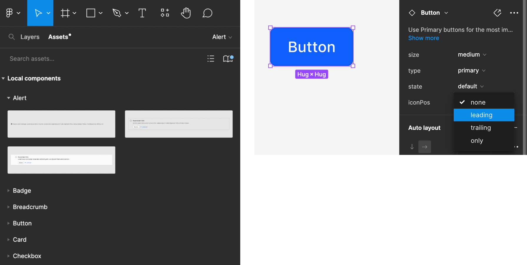 Inserting components from the assets panel